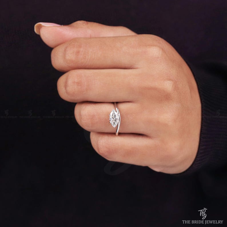 Marquise Cut Lab Grown Diamond Solitaire Engagement Ring Thin Curved ...
