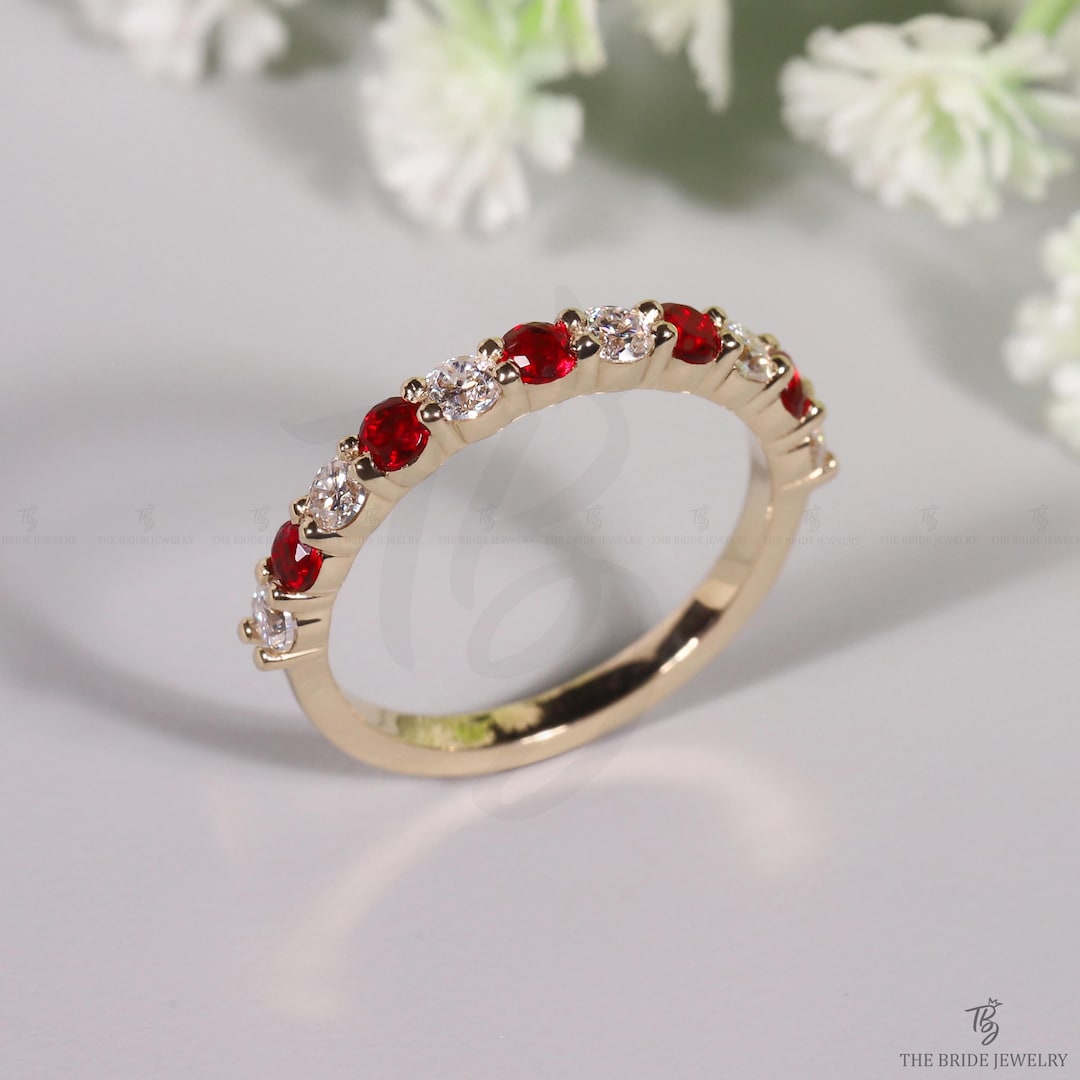 Vintage Lab Created Ruby Wedding Band, Dainty 14K Yellow Gold Band Half ...