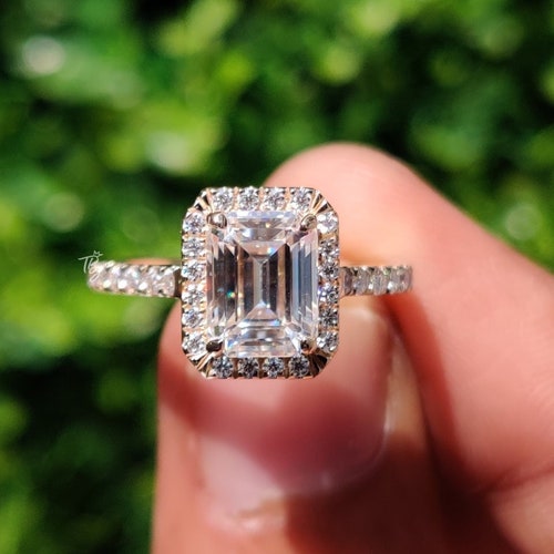 1.50CT Moissanite Emerald Cut Halo Engagement Ring 14k Solid - Etsy