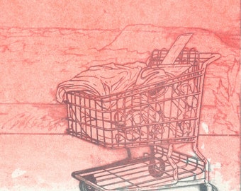May include: A red shopping cart filled with items, including a blanket, is sitting on a pink and white surface. The cart is made of metal and has a handle on the top.