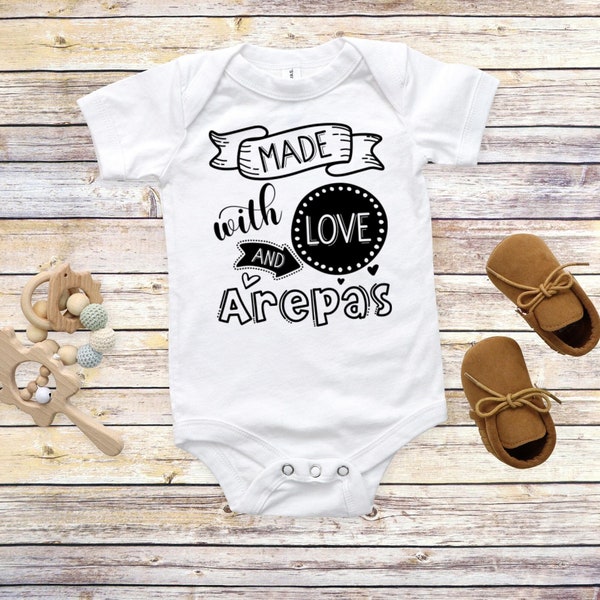 Made with Love and Arepas Baby Bodysuit, Spanish, Baby Announcement, Gift, South America, Venezuela, Colombia, Bolivia, Panama