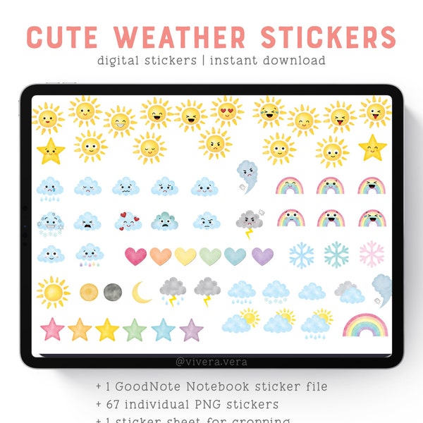 Digital Stickers - Cute Weather Stickers with Emotions - Goodnotes | PNG