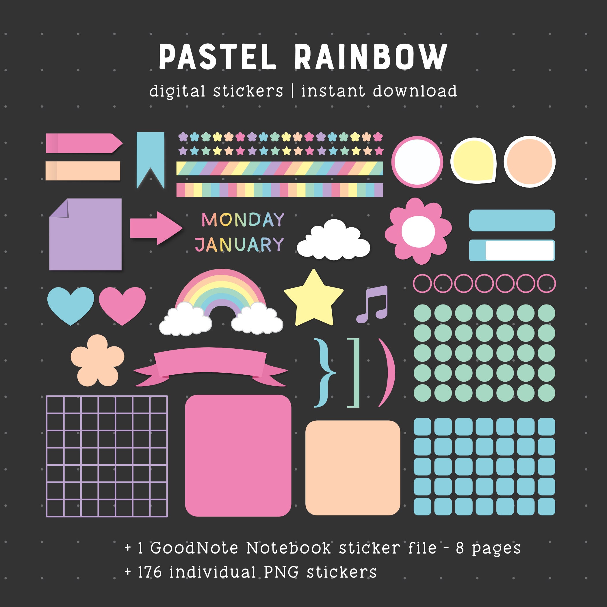 Digital Stickers - Pastel Rainbow Dream - 176 Stickers - Sticky Notes ...
