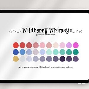 Pode incluir: Uma ilustração digital de uma paleta de cores Procreate chamada "Wildberry Whimsy" com 30 cores em tons de vermelho, azul, roxo, verde e rosa. A paleta é exibida na tela de um tablet.