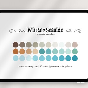 May include: A digital illustration of a Procreate colour palette with 30 colours, titled "Winter Seaside". The palette features shades of brown, beige, light blue, and teal.