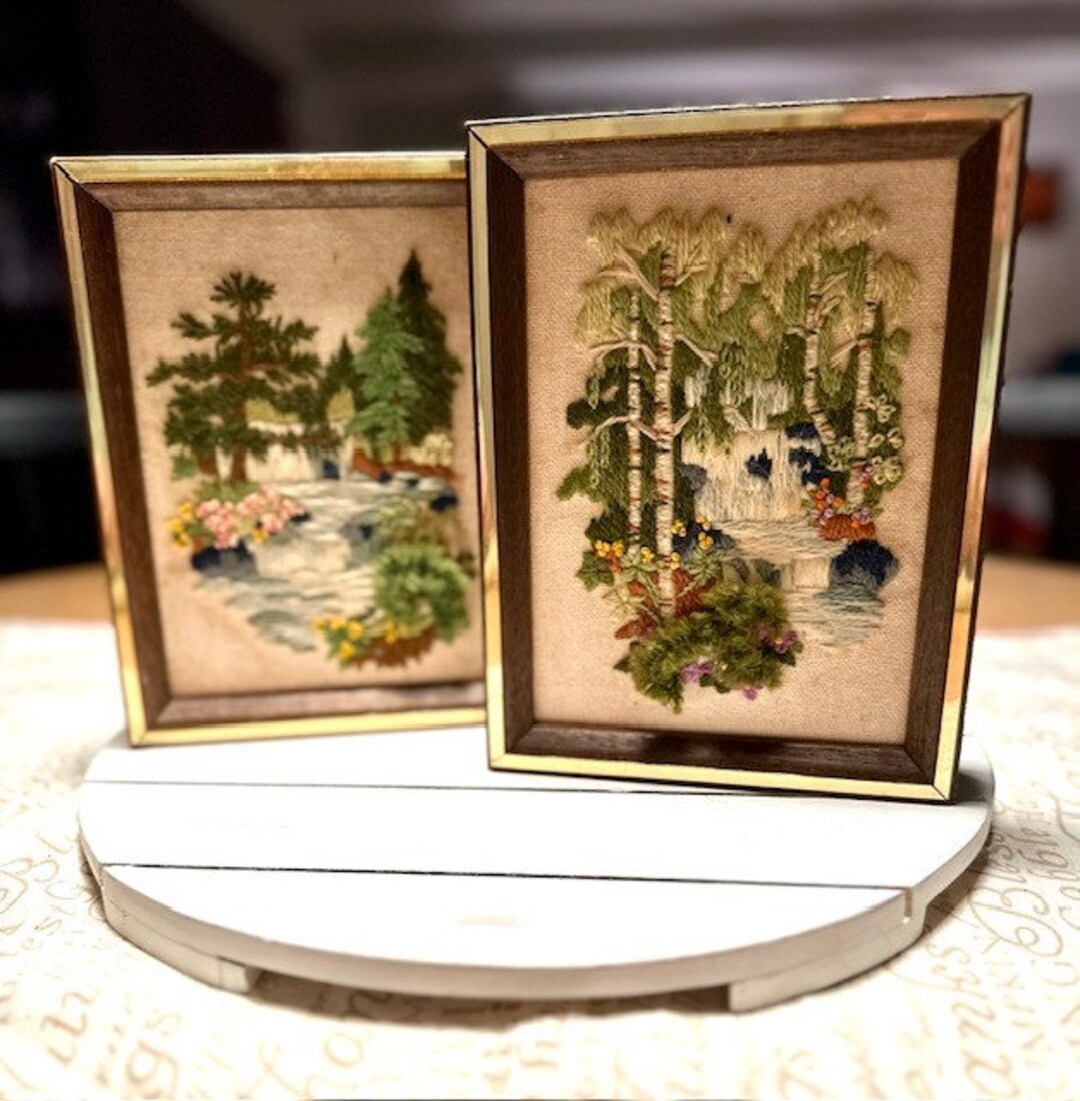 Vintage Crewel Embroidery Art Set of 2 Landscape Scene Etsy