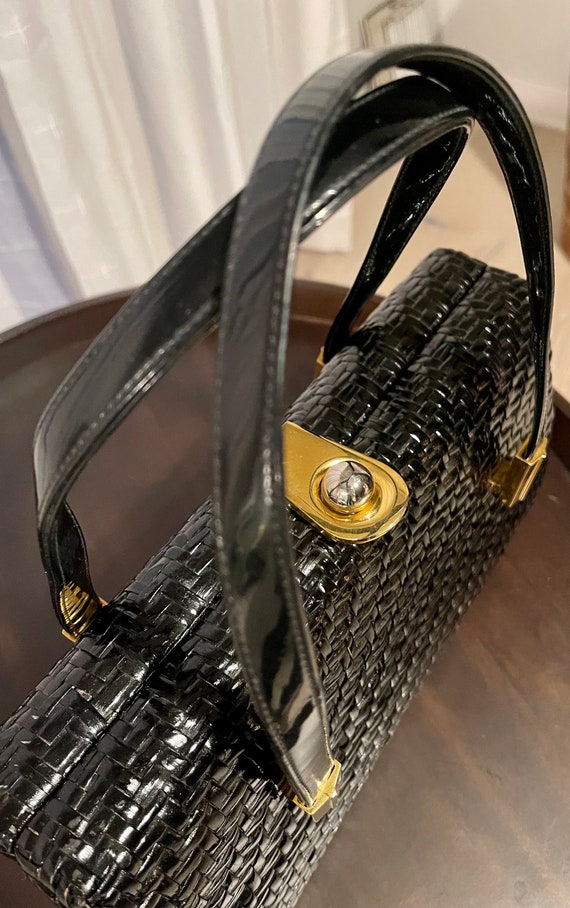 Vintage Koret Woven Black Patent Leather Handbag - image 5