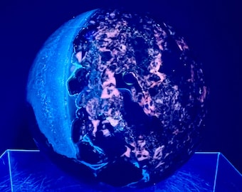Rare Large Moss Agate And Calcite Sphere. 82mm. Incredible UV Reaction. Very Stunning Combination Of Materials. Cool UV Display Sphere