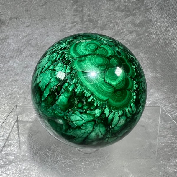 Amazing Large Malachite Sphere. 73mm. Very High Quality Crystal. Amazing Patterns And Colors. Perfect Collectors Piece!