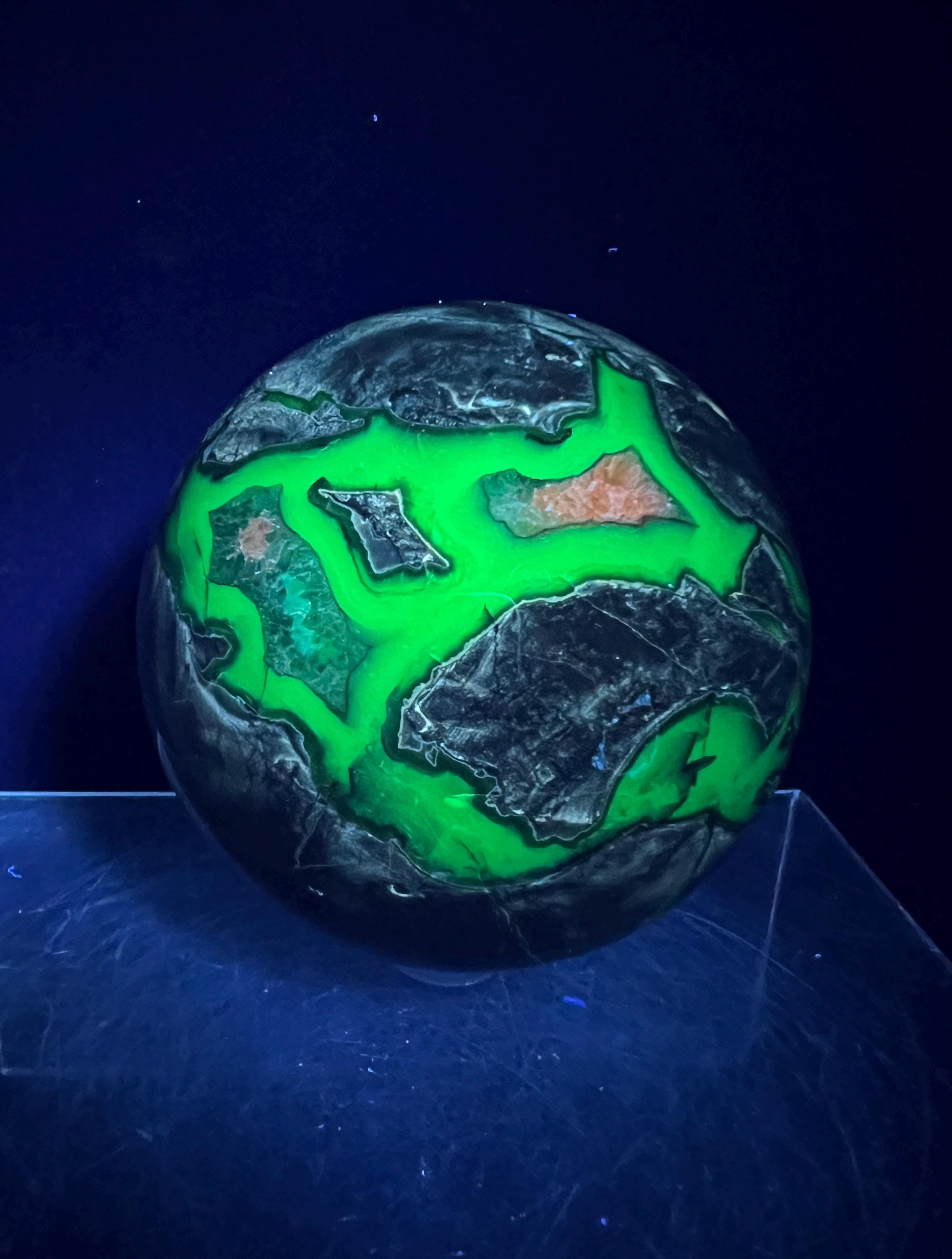 Volcano Agate Sphere: Orange & Green Mangano Calcite, UV Reactive