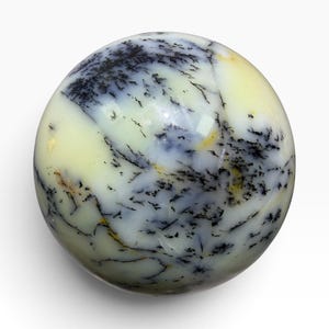 May include: A polished spherical stone featuring a smooth, pale yellow and off-white base colour. The surface is decorated with intricate, dark black, fern-like dendritic inclusions that spread across the sphere in branching patterns.