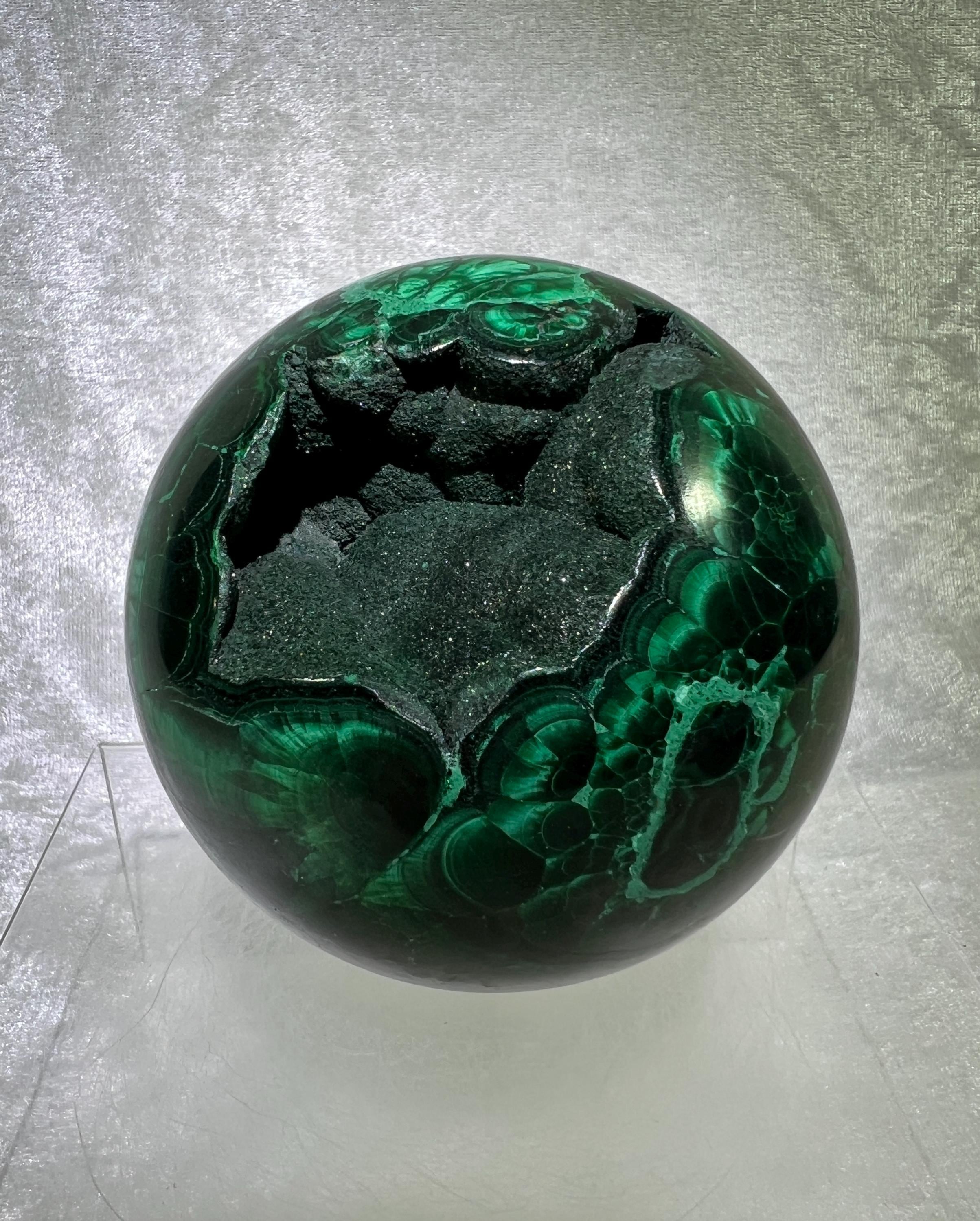 Amazing Druzy Malachite Sphere. 96mm, 3.8lbs. Incredible