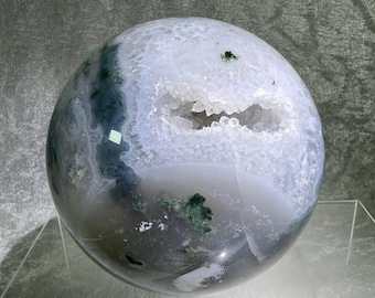 Large Druzy Moss Agate Sphere: 83mm Amazing Druzy With Gorgeous Patterns