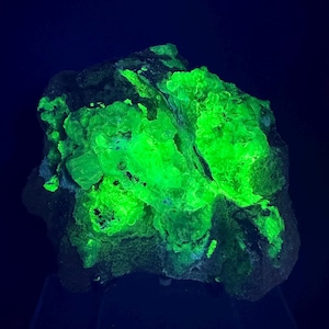 May include: A rough mineral specimen featuring a dark, textured rock matrix with vibrant, neon green fluorescent crystalline clusters glowing intensely against a black background, showcasing a natural geological formation with high contrast.