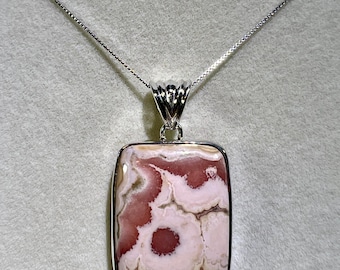 Rhodochrosite Crystal Pendant: 925 Sterling Silver Setting, 18" Necklace