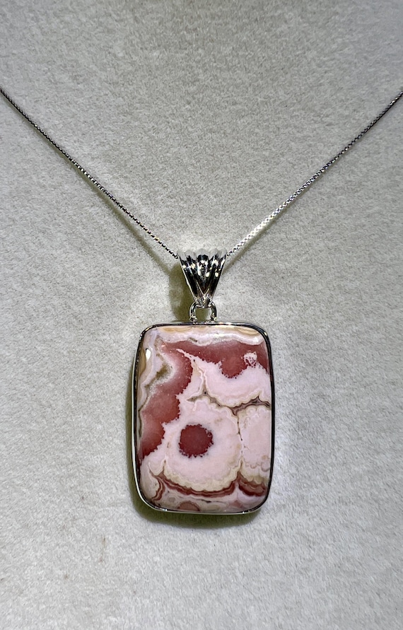 Rhodochrosite Crystal Pendant: 925 Sterling Silver Setting, 18" Necklace