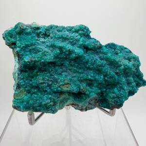 May include: A raw, textured mineral specimen featuring a vibrant teal and deep green crystalline surface. The rock has a jagged, uneven formation with small, clustered bumps across its face, resting on a clear acrylic display stand.