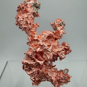 May include: A natural copper specimen with a rough, textured surface and a vibrant reddish-brown color. The mineral formation has a unique, organic shape, with small crystalline structures and areas of green and white. It is displayed on a clear stand.