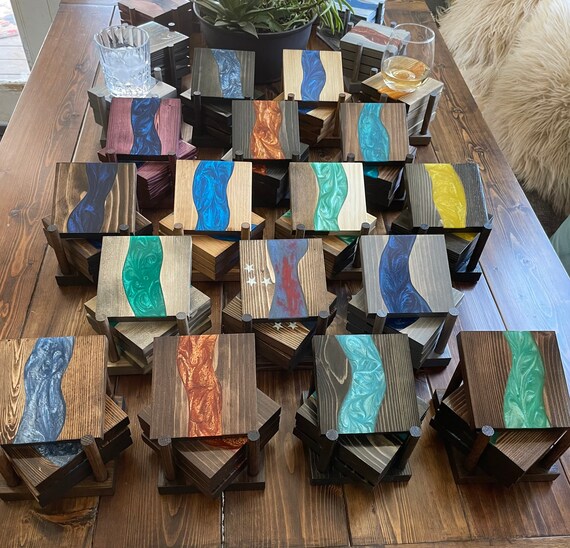 Custom Epoxy River Coasters set of 4 with Holder Etsy