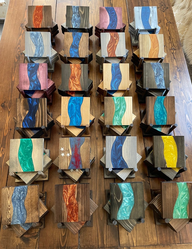 Custom Epoxy River Coasters set of 4 with Holder Etsy