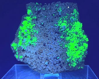 Beautiful Spessartine Garnet With Hyalite Opal Cluster. Intense Green UV Reaction! Incredible UV Display Specimen.
