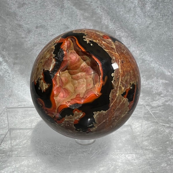 Rare Volcanic Red Fox Agate Sphere. 77mm. Crazy Botryoidal Nodules. Insane Looking Orrelanite Display Sphere.