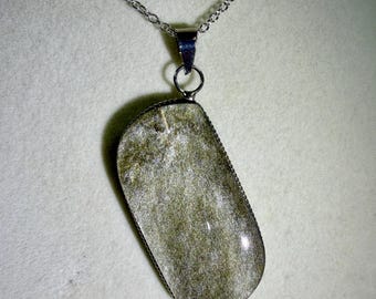 Golden Obsidian Pendant: S925 Silver Setting. Stunning Gold Flash, High Quality Crystal Necklace