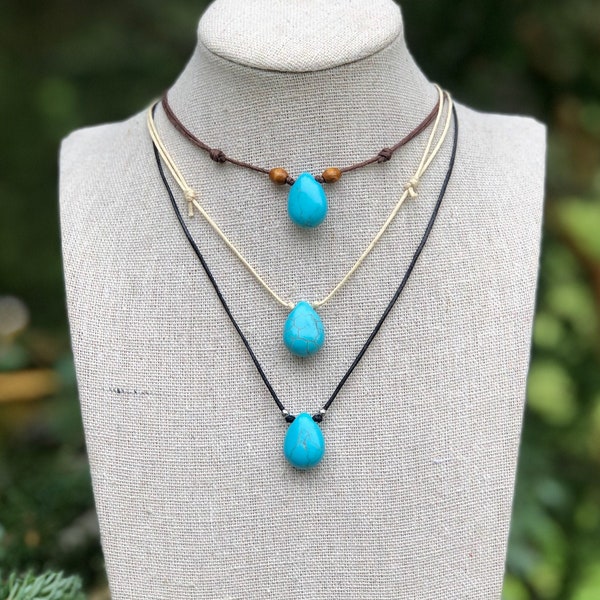 Boho hippie turquoise howlite choker teardrop stone pendant on adjustable cord, woman’s or men’s throat chakra necklace, dainty beach beaded