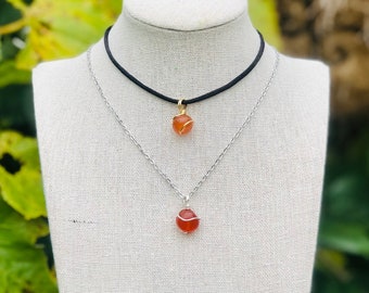 Carnelian necklace, small dainty silver gold chain, sacral chakra, wire wrapped pendant red stone crystal choker black cord