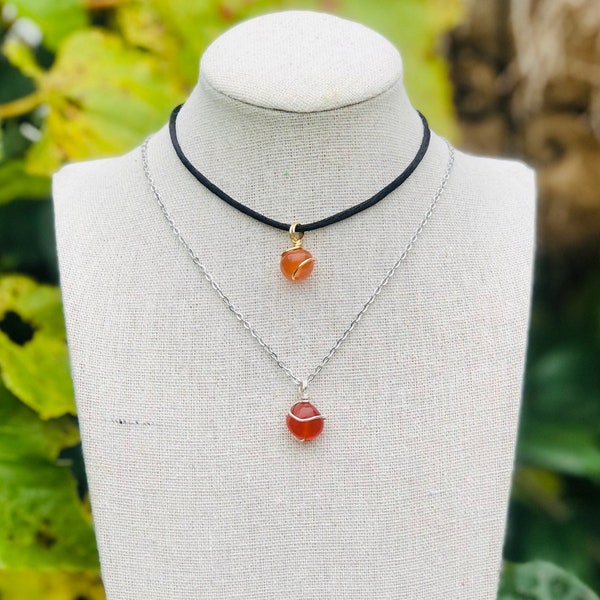 Carnelian necklace, small dainty silver gold chain, sacral chakra, wire wrapped pendant red stone crystal choker black cord