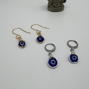 Evil eye dangle earrings, small dainty silver gold, Huggie hoop hand made wire wrapped blue glass nazar pendant, protection good luck