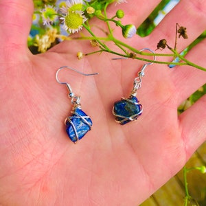 Lapis lazuli earrings, dangle earrings, crystal earrings, blue stone, lapis jewelry, wire wrapped stone