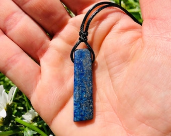 Blue lapis lazuli pendant necklace, minimalist necklace, blue throat chakra necklace, mens stone necklace, mens crystal black cord choker
