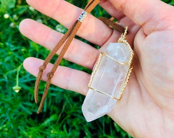 Large RAW quartz crystal necklace on adjustable vegan leather cord, big clear crystal point pendant, wire wrapped healing stone, long boho