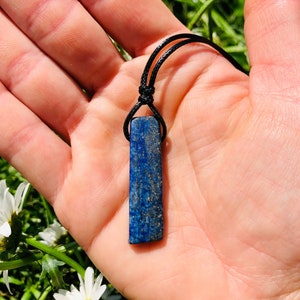 Blue lapis lazuli pendant necklace, minimalist necklace, blue throat chakra necklace, mens stone necklace, mens crystal black cord choker