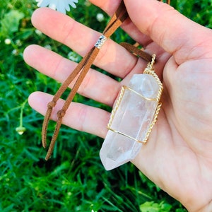 Large RAW quartz crystal necklace on adjustable vegan leather cord, big clear crystal point pendant, wire wrapped healing stone, long boho