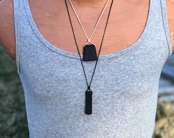 Lava stone pendant necklace, mens stone necklace, lava rock crystal aromatherapy essential oil diffuser, long black cord adjustable gift him