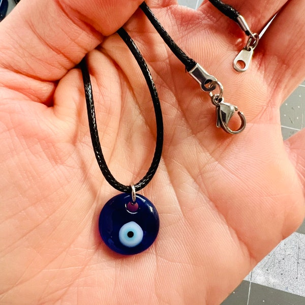 Small Evil eye pendant necklace, black adjustable cord, long or choker, mens womans, blue glass nazar, dainty round pendant, protection