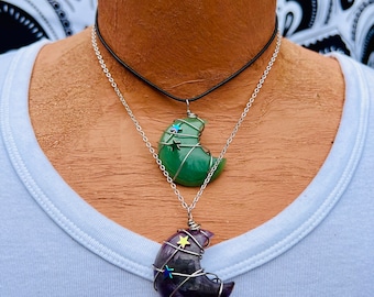 Large Crystal moon pendant, green aventurine or amethyst, silver wire wrapped with stars and celestial energy healing stone a on black cord