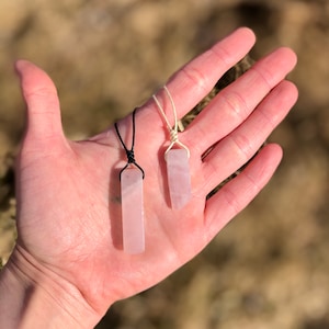 Rose quartz crystal pendant men’s stone necklace, meditation yoga minimalist mens crystal black cord choker pink slab bar rock