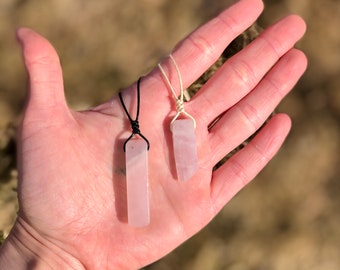 Rose quartz crystal pendant men’s stone necklace, meditation yoga minimalist mens crystal black cord choker pink slab bar rock