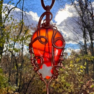 Copper wire wrapped carnelian crystal stone necklace with star, blood moon red sacral chakra vibrational healing pendant, energy creativity
