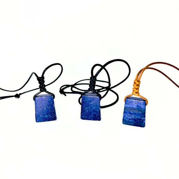 Blue lapis lazuli pendant necklace, minimalist necklace, blue throat chakra necklace, mens stone necklace, mens crystal black cord choker