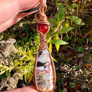 Copper wire wrapped carnelian & exotica Jasper crystal stone necklace with star, blood moon red sacral chakra vibrational healing pendant