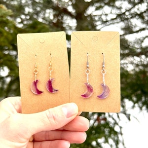 Moon earrings, crescent moon dangle earrings, wire wrapped silver or gold, moon stars celestial jewelry, stainless steel hypoallergenic