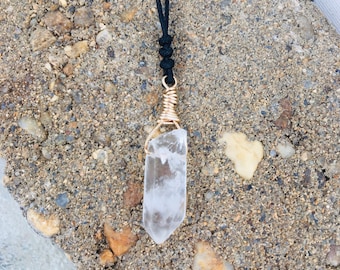 Quartz crystal pendant necklace, minimalist necklace, mens stone necklace, surfer necklace, black cord adjustable choker healing energy