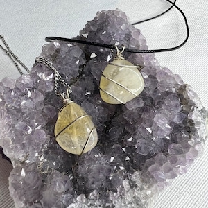 Citrine necklace, wire wrapped pendant healing energy crystal stone choker adjustable black cord silver chain, solar plexus chakra