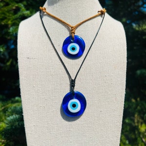 Evil eye pendant necklace, black adjustable cord, long or choker, mens womans, blue glass nazar, round evil eye pendant, protection