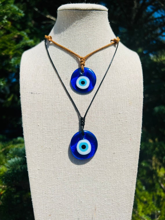 Evil eye pendant necklace, black adjustable cord, long or choker, mens womans, blue glass nazar, round evil eye pendant, protection