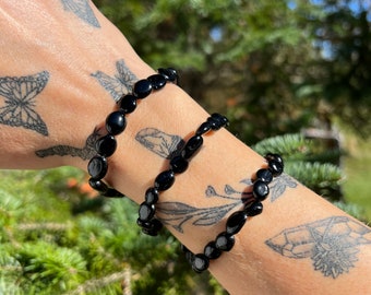 Black tourmaline crystal bracelet, polished stone of protection, grounding root chakra beaded gemstone healing balancing stretch bracelet